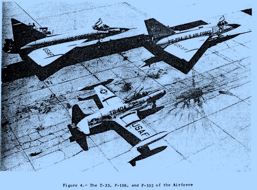 Three of the "Rough Rider" airplanes that joined the newly renamed National Severe Local Storms Research Project for the 1960 season. The Air Force's F-102 and F-106 interceptors were some of the first delta winged aircraft used in regular service. …